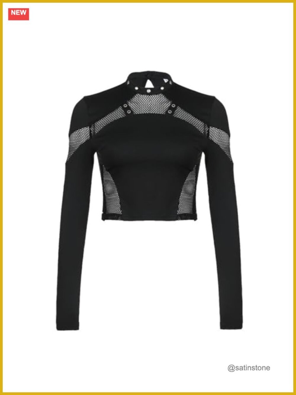 Gothic Long Sleeve Crop Top Crew Neck Fishnet Mesh Punk Grunge Y2K Tee
